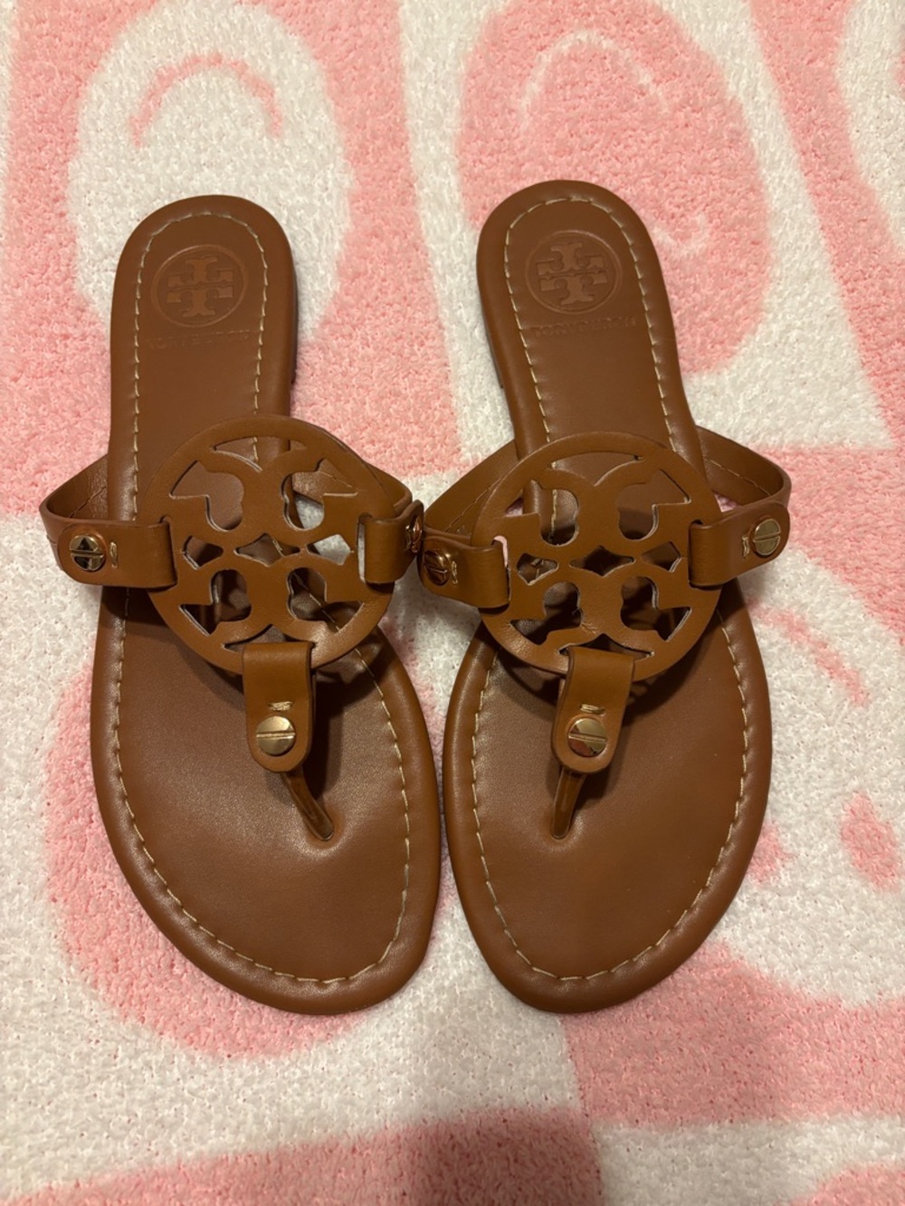 Tory Burch Cognac Leather Logo Thong Sandals